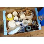 A box of assorted items including part tea set, Thoun pottery vase, etc.