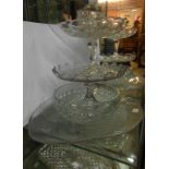A small quantity of assorted glassware including press moulded cake stands, large fish dish, etc.
