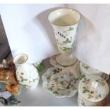 Seven pieces of Wedgwood Wild Strawberry pattern bone china including vases, lidded pots, trefoil