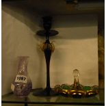 A mid 20th Century Venetian glass candlestick, a small Caithness bud vase and a Bohemian flash cut