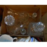 A box containing assorted glassware, including decanters, scent bottles, carafe and vases