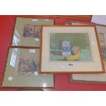 A framed pastel drawing still life with fruit and pottery vessel - sold with two framed Victorian