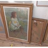 A large gilt framed Victorian Pears style coloured print, depicting a girl sitting in a meadow -
