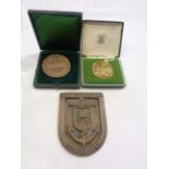 Two cased medallions and a metal plaque