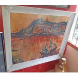 A framed coloured print on canvas, depicting an abstract continental coastal view