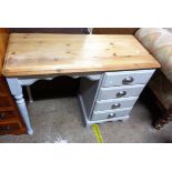 A 99cm part painted pine single pedestal desk with four drawers and twin turned legs