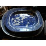 Three assorted blue and white Willow pattern meat plates - various condtion