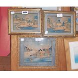 Three framed vintage Oriental cork pictures, all depicting waterside buildings with painted