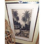M. Rukasa: a metal framed monochrome painting, depicting an African waterside scene with