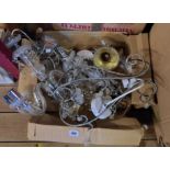 A box containing a pair of vintage chandeliers and another similar hanging light - for restoration