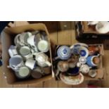 Two boxes of china including teaware, Russian porcelain, Royal Albert, etc.