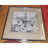 Donald Greig: a framed monochrome watercolour, depicting a village with church in background -