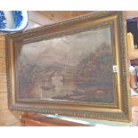 A gilt framed 19th Century oil on canvas with boat on a river with bridge beyond - very poor