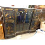 A 1.56m 1930's chinoiserie break bow front display cabinet with pair of central glazed panel doors