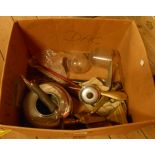 A box containing assorted collectable items including brass candlestick, plated kettle, telescopic