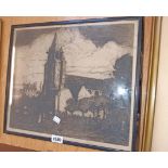 E. Rowly Smart: a framed monochrome etching, depicting figures around a church - signed in pencil to