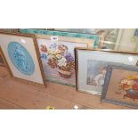 A selection of framed coloured prints including vintage floral studies and portrait of a boy playing
