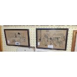 Two framed small ink drawings by D. Fuller and Slightly, both depicting figures in interiors