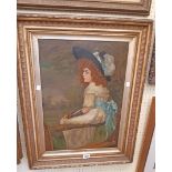 †J. Shepherd: a gilt gesso framed oil on board portrait of a young lady wearing a feathered hat -