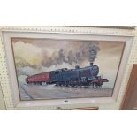 David Hey: a framed oil on board, depicting an LMS locomotive and carriages - signed and dated '75 -