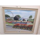 Stewart Williscroft: a vintage oil on board, depicting bungalows and flowerbeds - signed