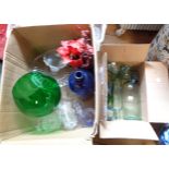 Two boxes of assorted glassware including cakestands, dishes, old bottles, etc.
