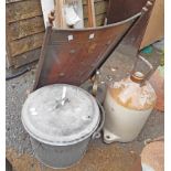 A galvanised steel lidded milk straining bucket - sold with a cider flagon, firescreen and kettle
