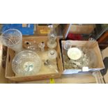 Two boxes of assorted glassware and ceramics including large vase, oil lamps, etc.