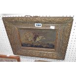 An antique gilt gesso framed oil on canvas, depicting a horseman with sprite hanging onto the tail
