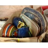 A box of assorted ceramics including Portmeirion fish dishes, blue and white meat plates, Denby