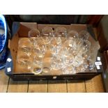 A box containing assorted drinking glasses including a set of Thomas brandy glasses, etc.