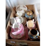 A box containing part sets of Royal Albert Moss Roses and Aesthetic pink teaware, Gibsons tea set