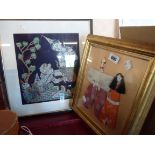 An Oriental silk picture - sold with a Japanese embroidered fashion picture
