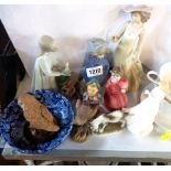 A small selection of china figurines including Nymphenburg goat figurine, Lladro, Nao figure,