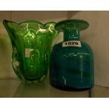 A M'dina glass bottle vase - sold with a green free form glass vase