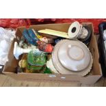 A box of assorted ceramics including pressed glass fruit set, money boxes, etc.