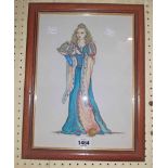 A framed modern watercolour, depicting a princess holding a frog - indistinctly signed
