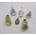 Six vintage Chinese snuff bottles including porcelain, glass and cloisonne examples