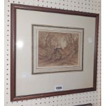 A framed sepia watercolour, depicting a woodland cottage - unsigned