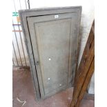 A 69cm late18th Century grey painted pine corner cupboard with remains of hand blocked wallpaper