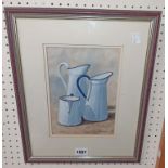 Robert Jones: a framed watercolour entitled White Jugs - signed, with label verso