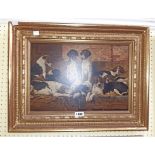 A gilt framed oil on board, depicting a pack of hounds in a barn interior - unsigned - 29.5cm X