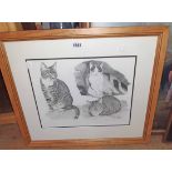 R.D. Albon: a framed pencil drawing multi-image study of three cats - signed