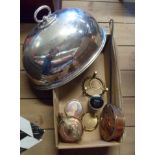 A box of assorted metalware including large silver plated meat cover, copper kettle, etc.