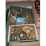 A box containing collectable metalware including Middle Eastern coffee pot, candlesticks, hearth