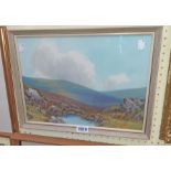 R. D. Sherrin: a framed gouache, depicting a moorland view with pool and rocks in foreground -