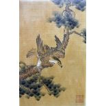 A framed antique Japanese woodblock print, depicting a hawk about to launch from a conifer tree -