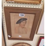 Five framed portrait prints including stipple engraving of a man wearing a beret, Gainsborough style