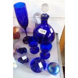 A small selection of Bristol blue and other blue glass items including 19th Century claret jug,