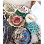 A selection of ceramics including Japanese eggshell porcelain plates, green majolica plates,
